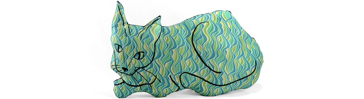 hand drawn sewn stuffed cat pillow